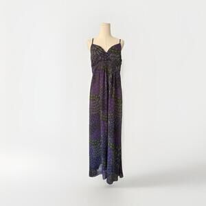 Apt 9 Paisley Babydoll Maxi Dress L V-Neck Retro Groovy Smocked‎ Purple 60s 70s